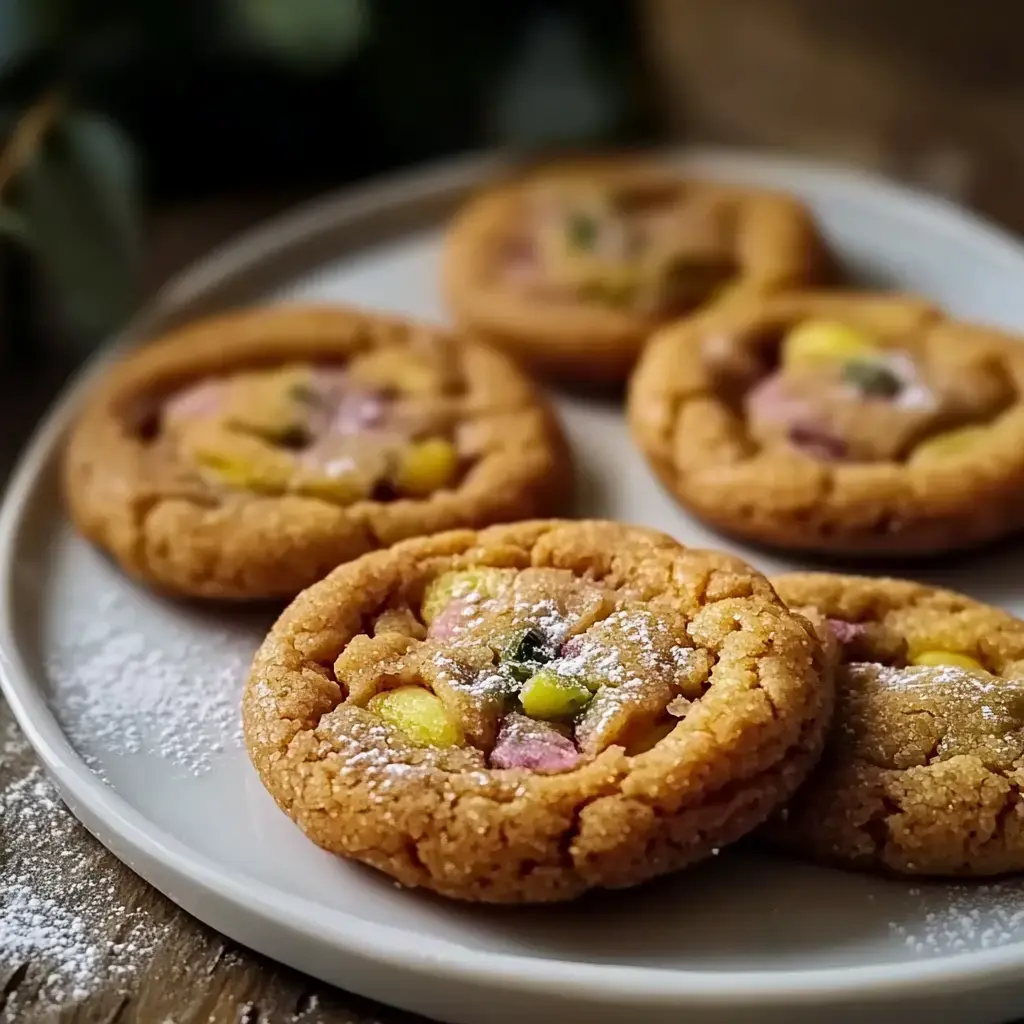 A plate of freshly baked cookies with colorful fruit pieces and a dusting of powdered sugar.