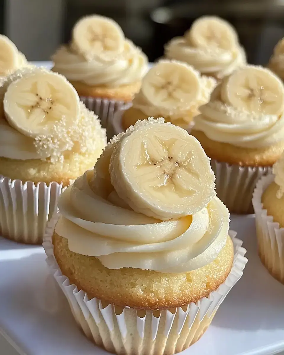 A close-up of several banana cupcakes topped with creamy frosting and a slice of banana.