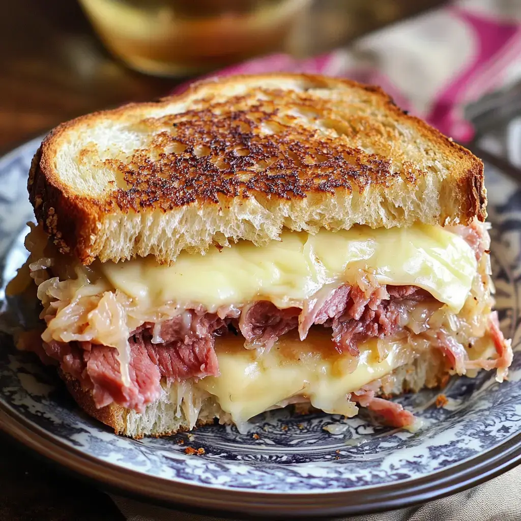 A close-up of a toasted sandwich filled with melted cheese, corned beef, and sauerkraut on a decorative plate.