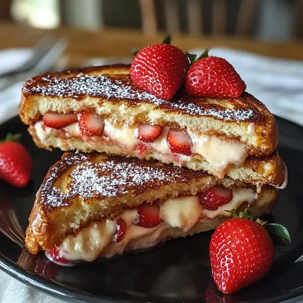 A plate of French toast stuffed with fresh strawberries and cream, dusted with powdered sugar, garnished with whole strawberries.