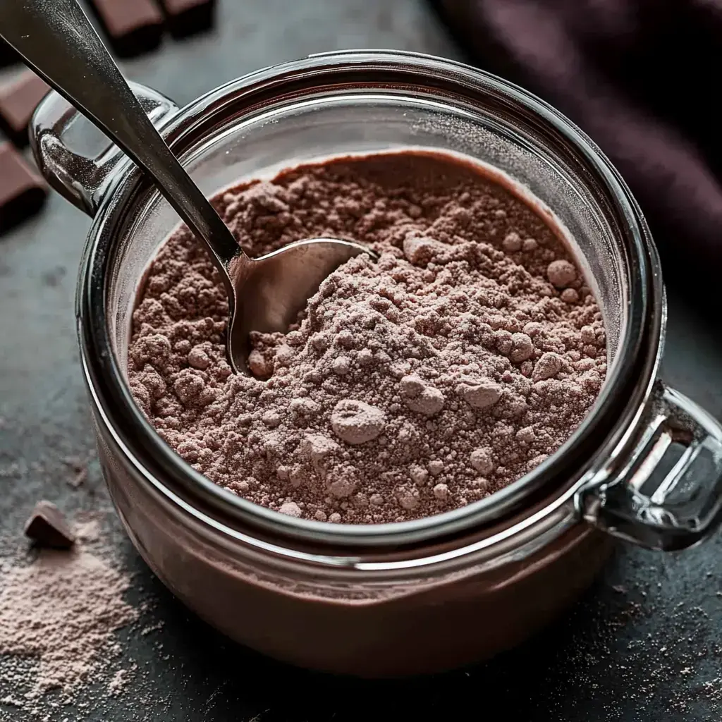 A close-up of a glass jar filled with cocoa powder and a spoon resting inside, with chocolate pieces scattered in the background.