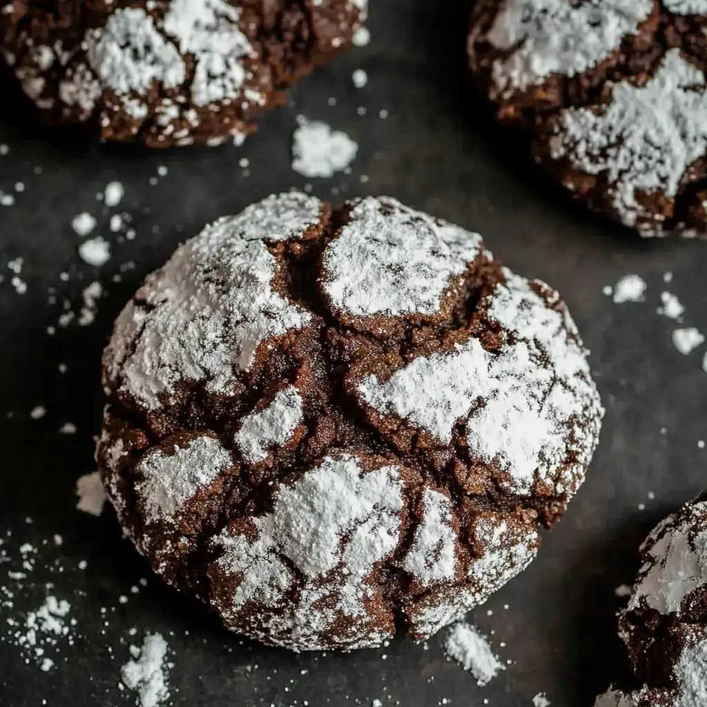 A close-up of a chocolate cookie dusted with powdered sugar, showcasing its cracked surface and rich texture.