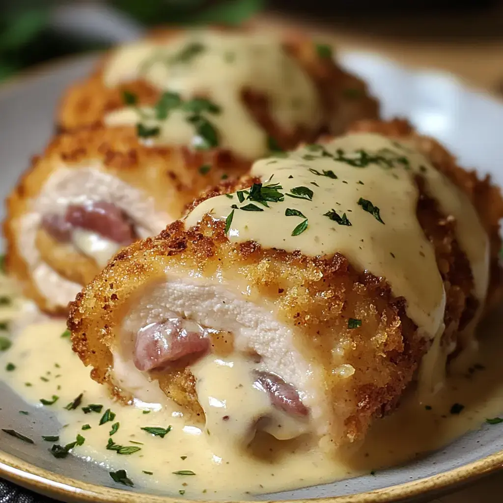 Two breaded and fried chicken rolls filled with ham and cheese, topped with a creamy sauce and garnished with parsley, rest on a plate.