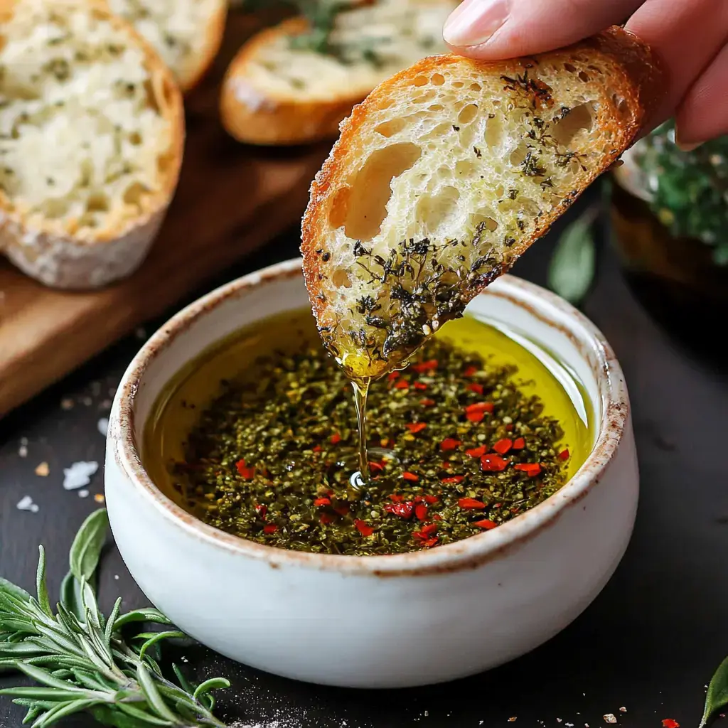 A hand dips a piece of herb-topped bread into a bowl of flavored olive oil with red pepper flakes.