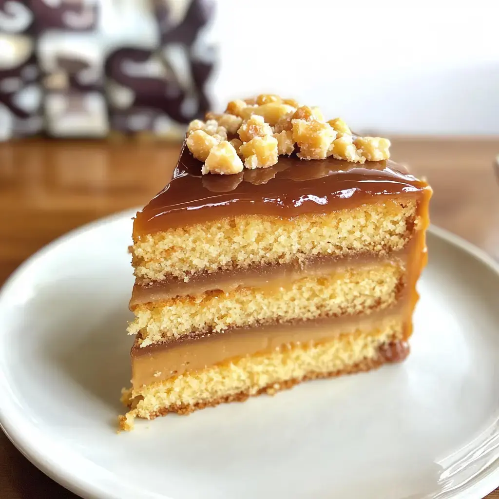 A slice of layered cake with caramel frosting and crushed nuts on top sits on a white plate.