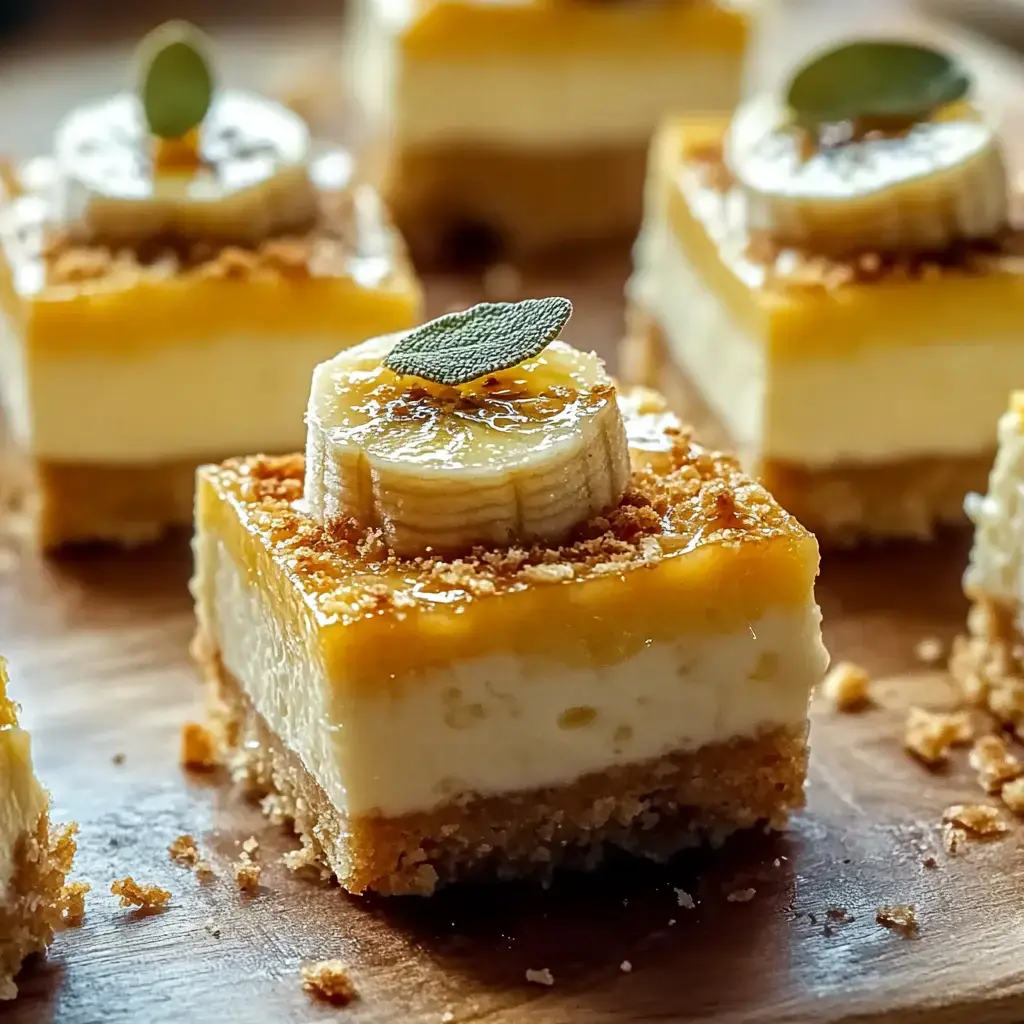 A close-up of dessert squares topped with banana slices and a sprinkle of graham cracker crumbs on a wooden platter.