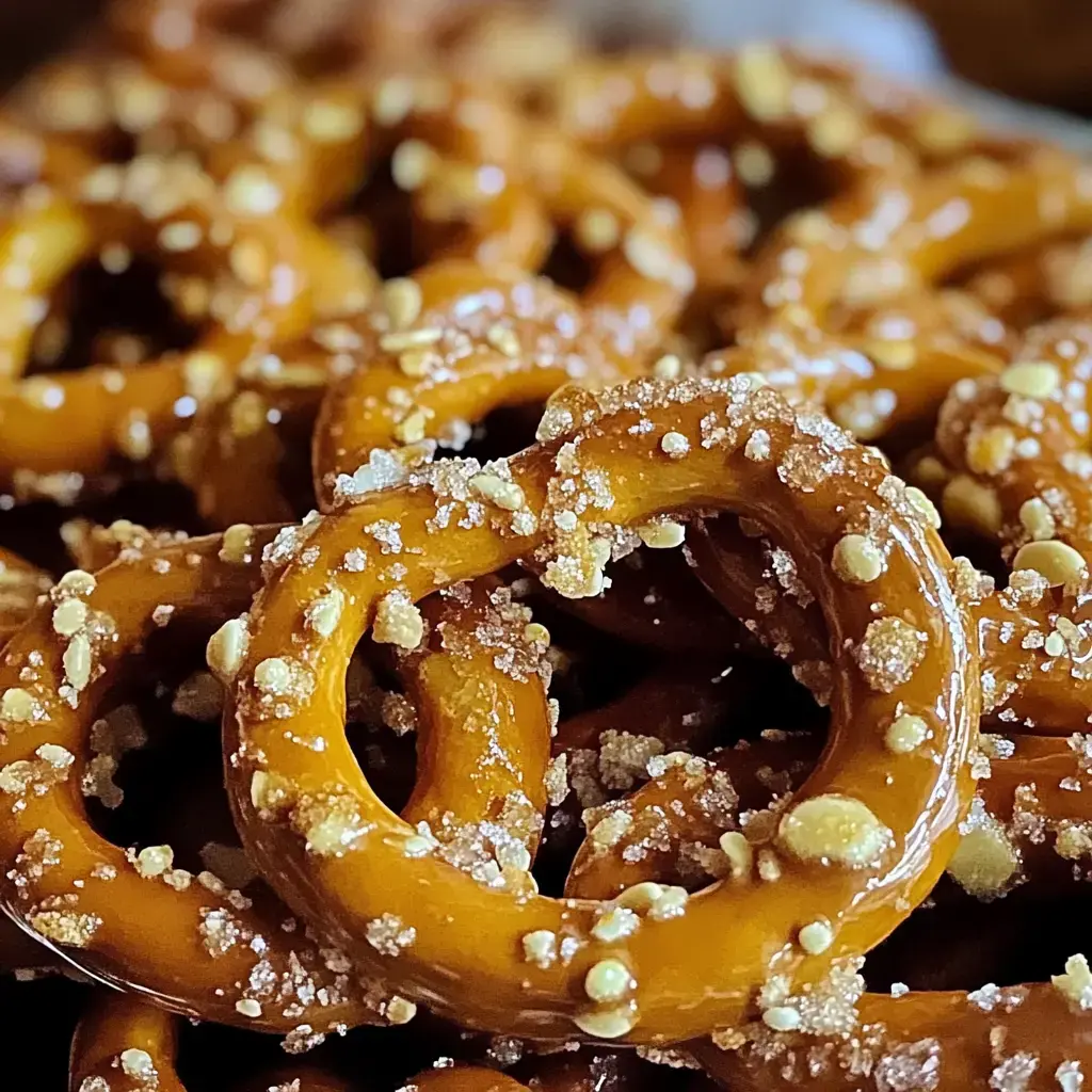 A close-up of golden-brown pretzels sprinkled with coarse sugar and bits of peanuts.