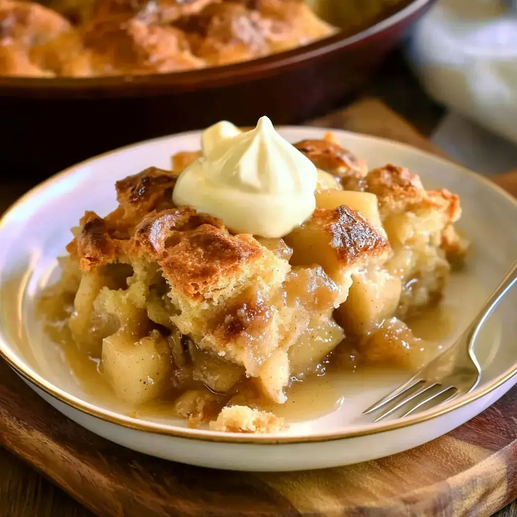 A serving of warm apple cobbler topped with a dollop of cream on a white plate.