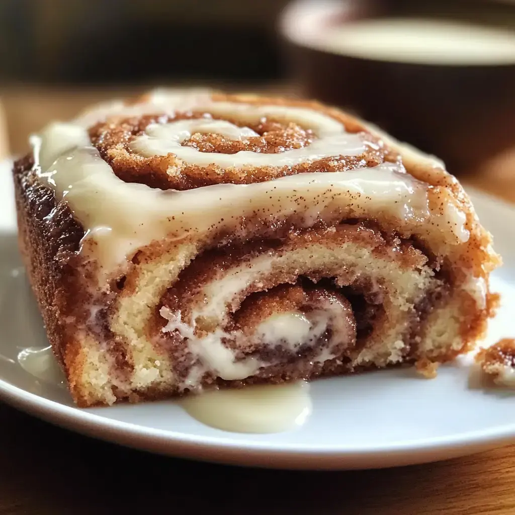 A slice of moist cinnamon roll cake topped with a creamy glaze, displayed on a white plate.