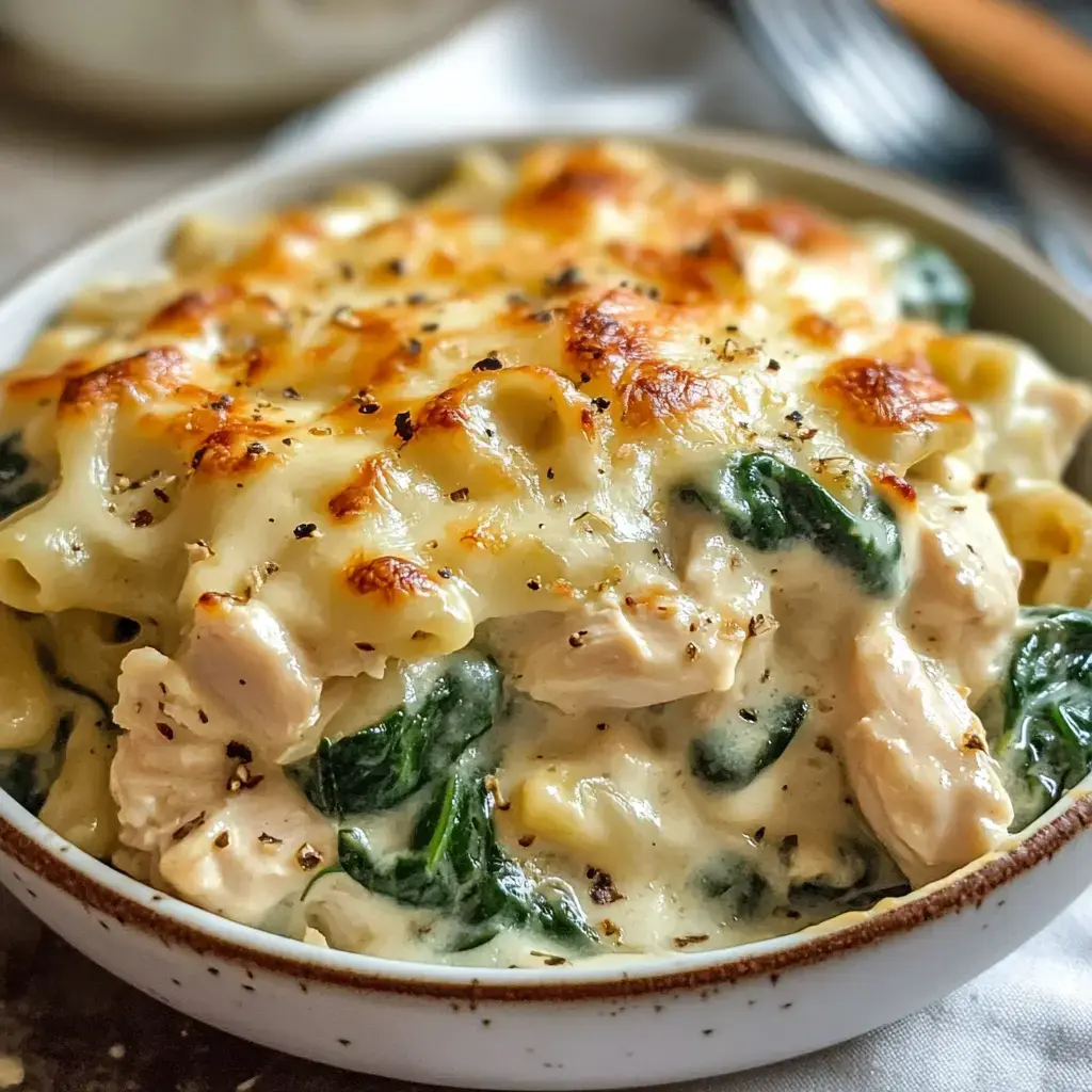 A creamy pasta dish with chicken and spinach, topped with melted cheese and served in a white bowl.