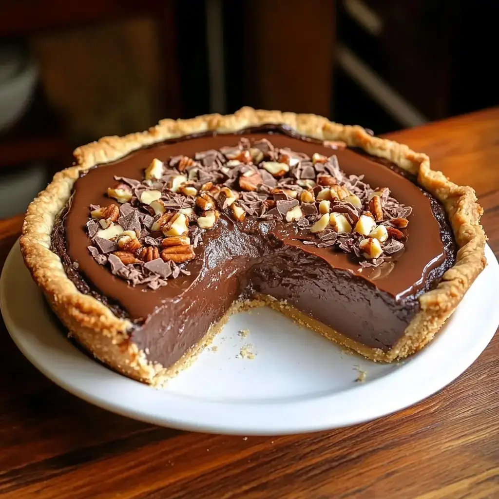 A chocolate pie with a slice cut out, topped with chopped nuts and chocolate shavings, on a white plate.