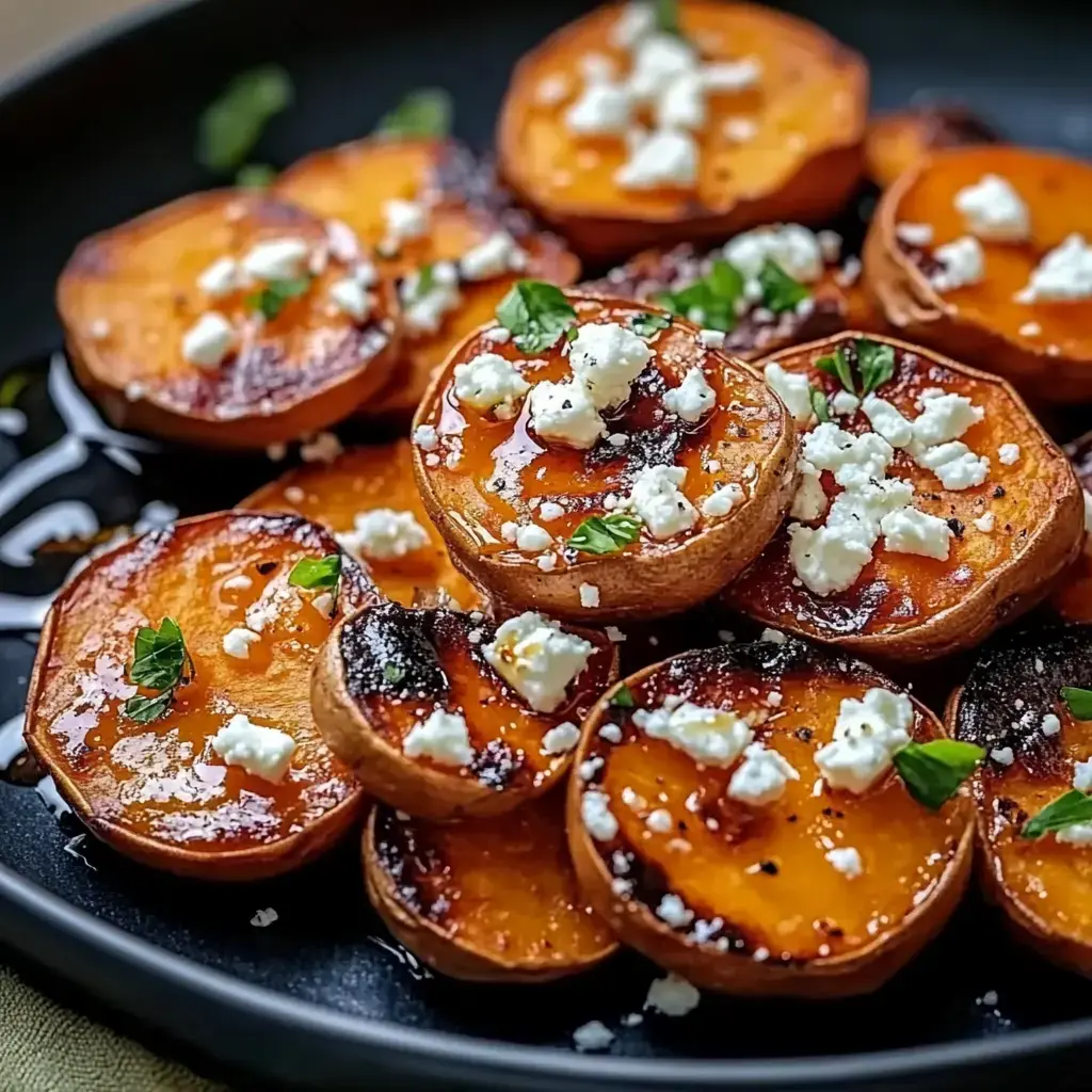 A plate of roasted sweet potato slices topped with crumbled feta cheese and fresh herbs.