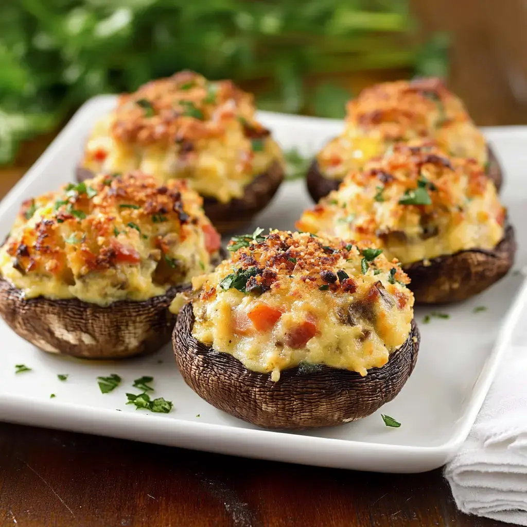 A plate of stuffed portobello mushrooms topped with golden breadcrumbs and garnished with chopped parsley.