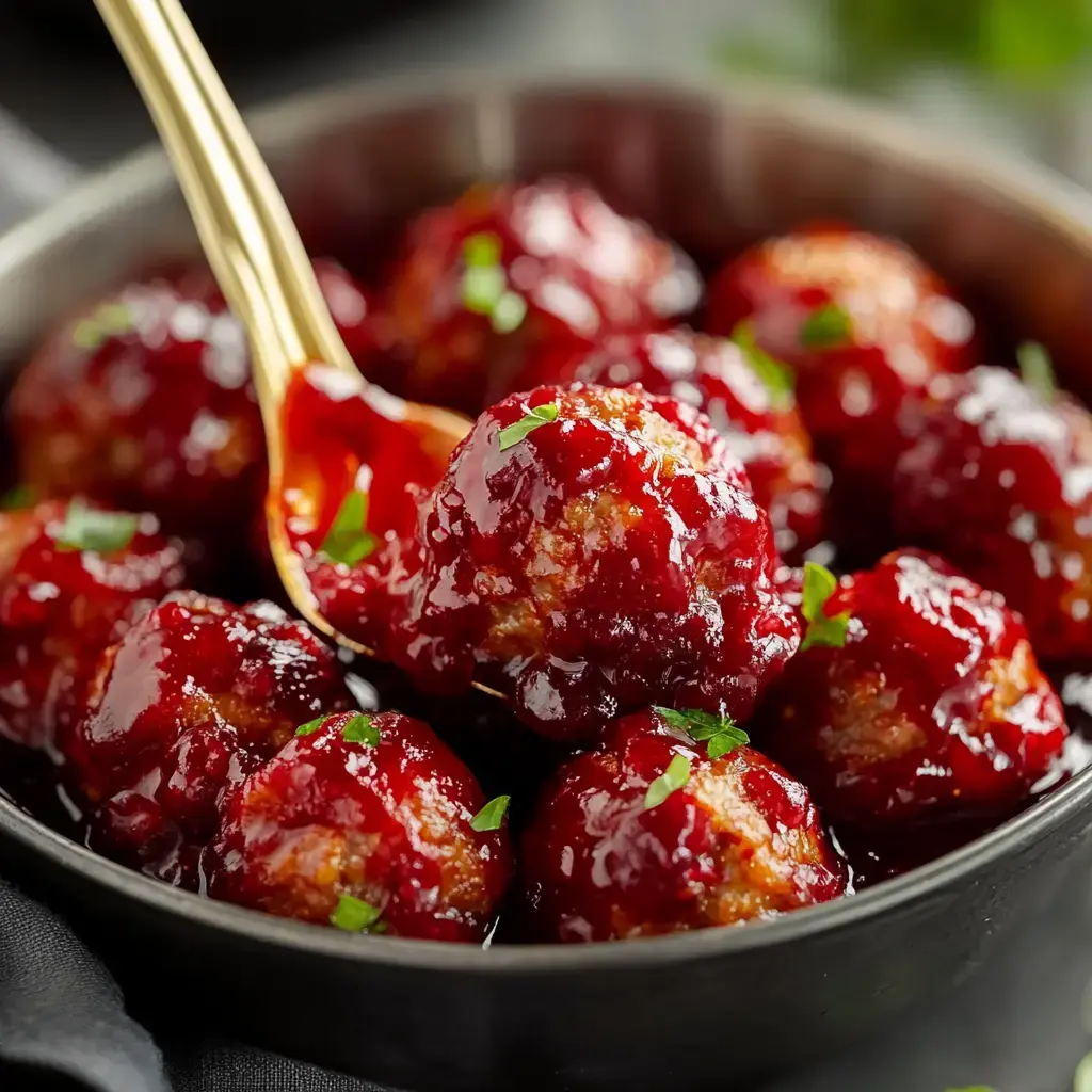 A close-up of meatballs coated in a shiny red sauce, garnished with green herbs in a dark bowl.