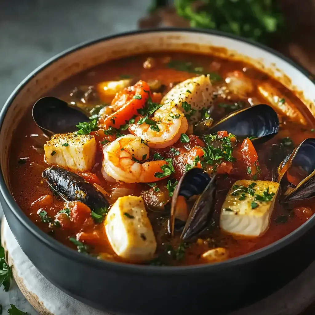 A bowl of seafood stew featuring shrimp, fish, mussels, and vibrant vegetables, garnished with fresh herbs.