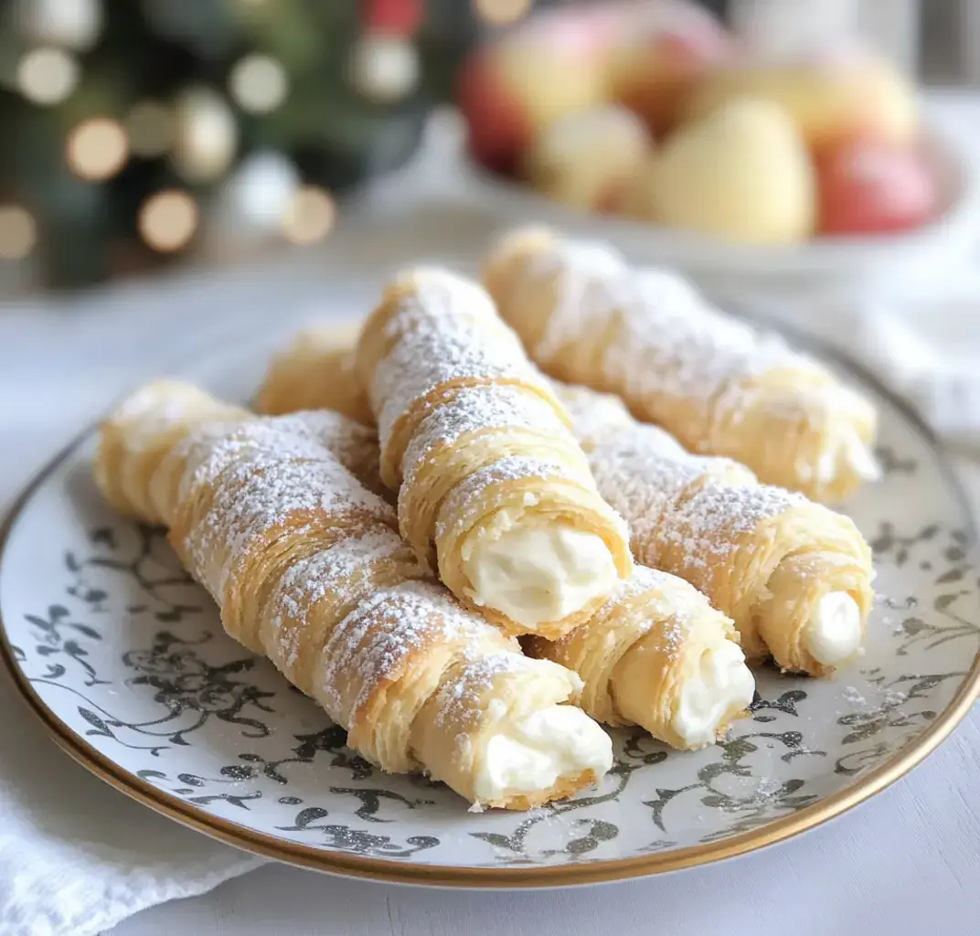 A plate of cream-filled pastry rolls dusted with powdered sugar, with fruit in the background.