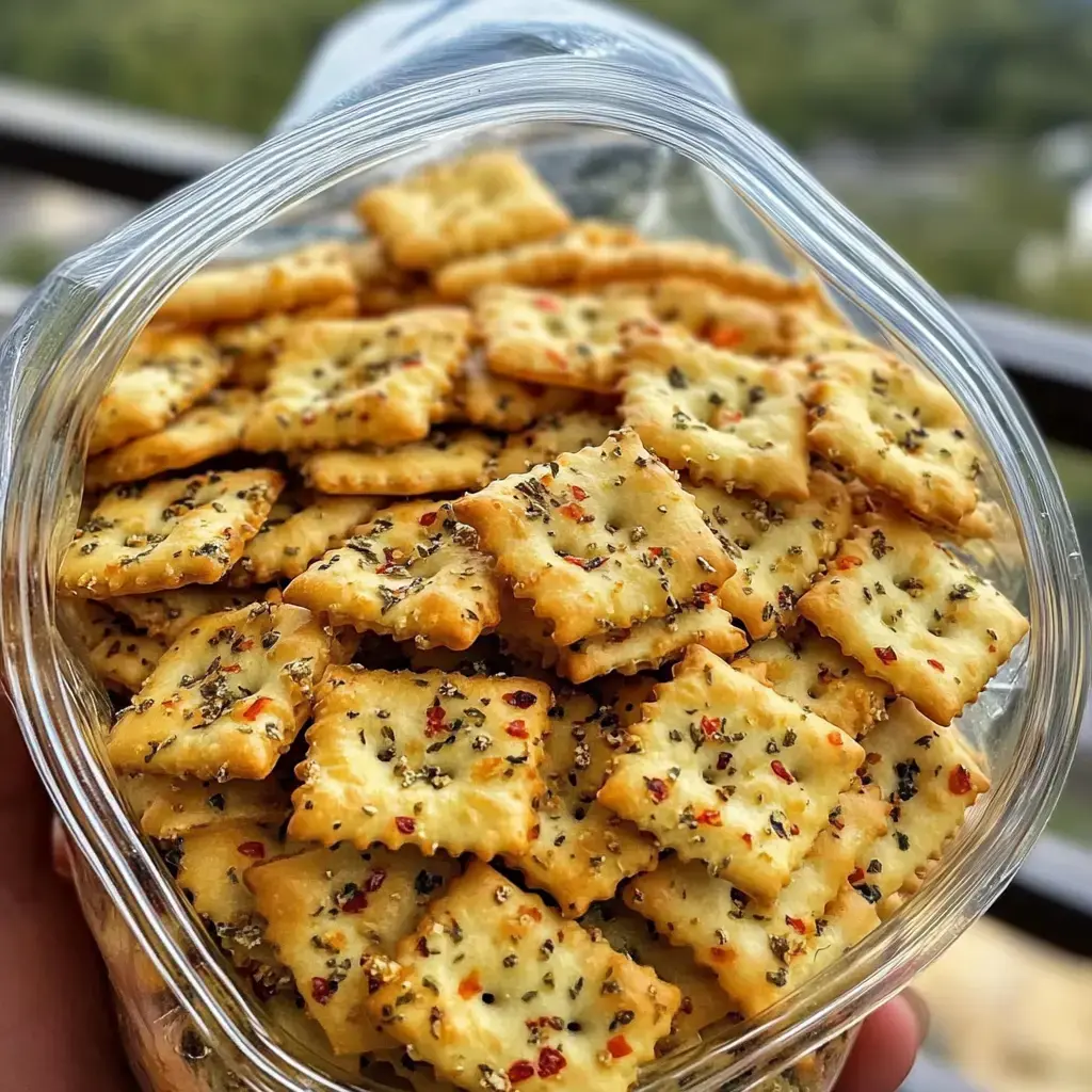 A clear plastic container filled with seasoned rectangular crackers, featuring herbs and spices on their surface.