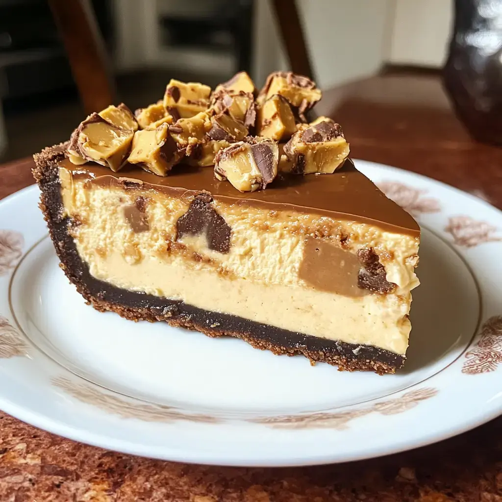 A slice of layered dessert featuring a chocolate crust, creamy peanut butter filling, and a chocolate topping, garnished with chopped peanut butter candy.