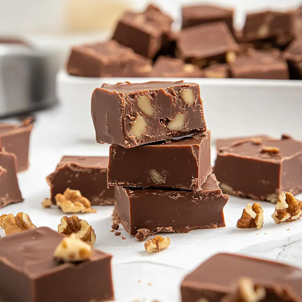 A close-up of chocolate fudge pieces with walnut bits, set against a blurred background of more fudge and walnuts.