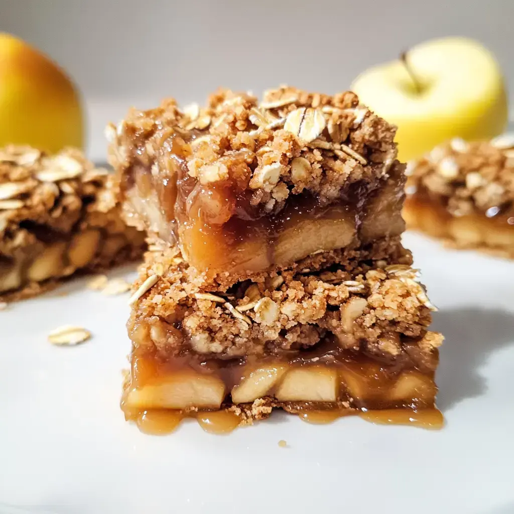 A close-up image of layered apple crumble bars topped with oats, with a whole yellow apple in the background.