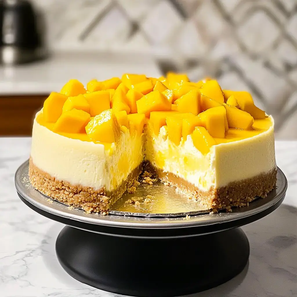 A delicious mango cheesecake on a silver cake stand, with a slice removed revealing its creamy interior and topped with fresh mango pieces.