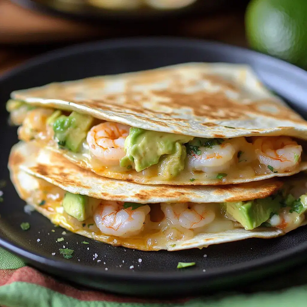 A close-up of two stacked shrimp quesadillas filled with melted cheese and avocado, served on a black plate.