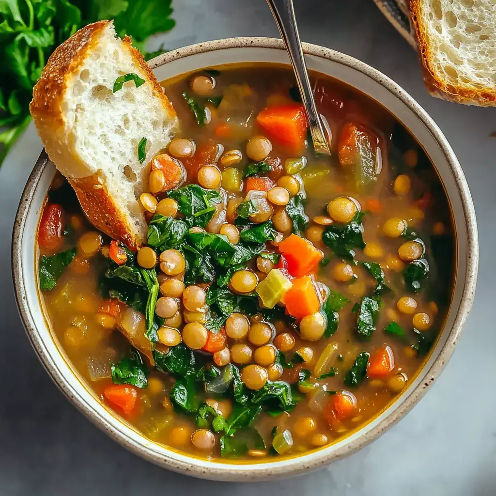 A bowl of hearty lentil soup with spinach, diced vegetables, and a slice of bread on the side.