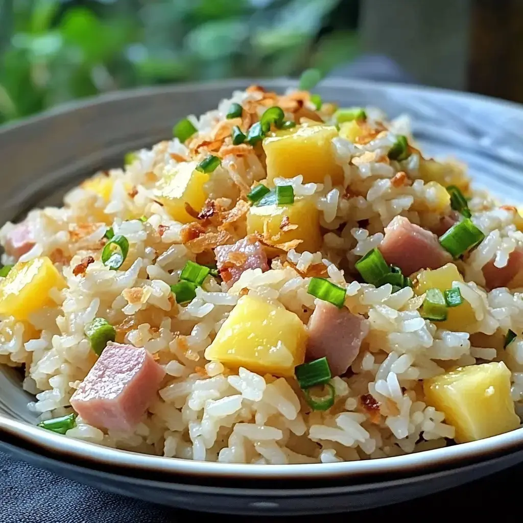 A close-up of a bowl of fried rice mixed with diced ham, pineapple, and green onions.