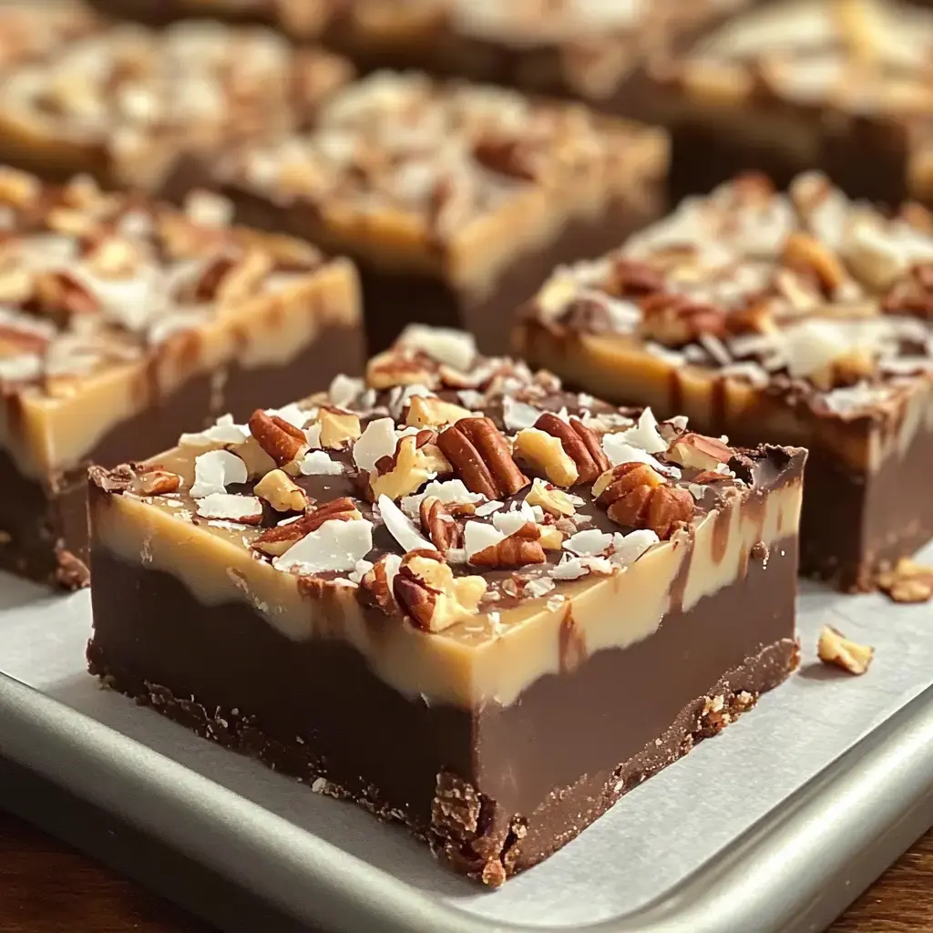 A close-up of layered chocolate fudge topped with chopped pecans and coconut flakes.