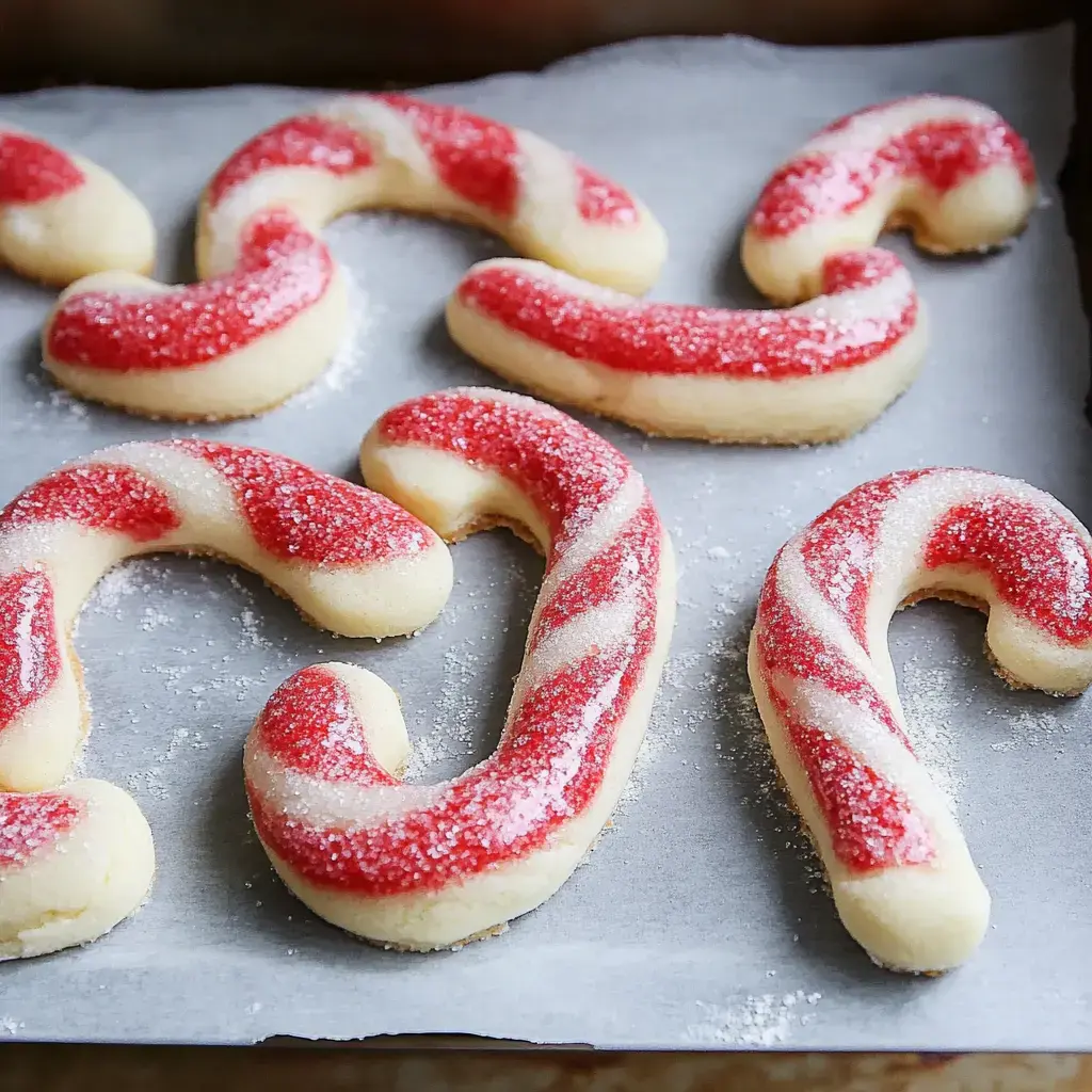 A collection of festive cookies shaped like candy canes, decorated with red and white icing, on a baking sheet.