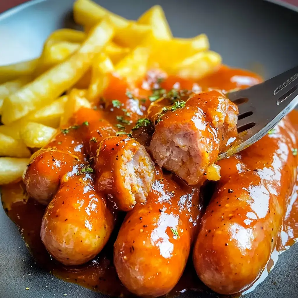 A close-up of sausages covered in a rich red sauce, accompanied by a side of golden French fries on a dark plate.