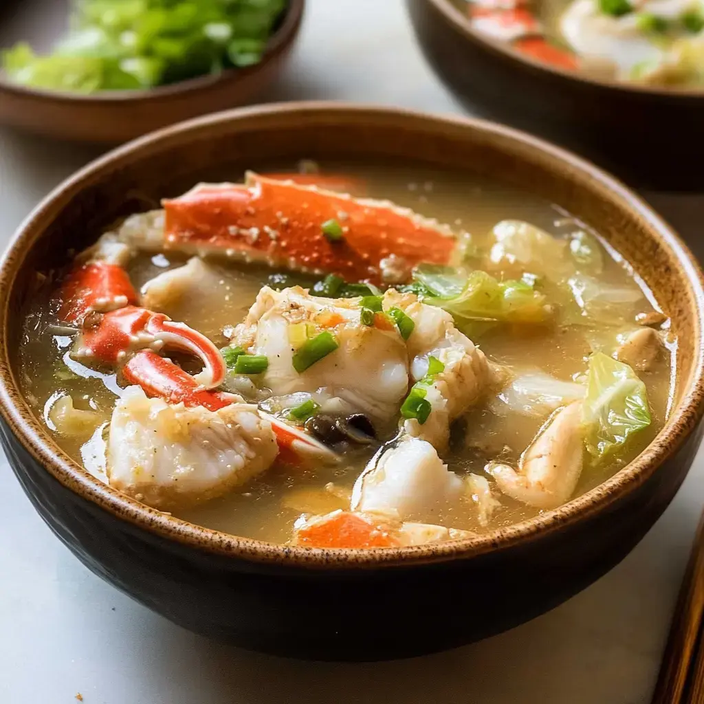 A bowl of seafood soup featuring chunks of fish, crab legs, and vegetables garnished with green onions.