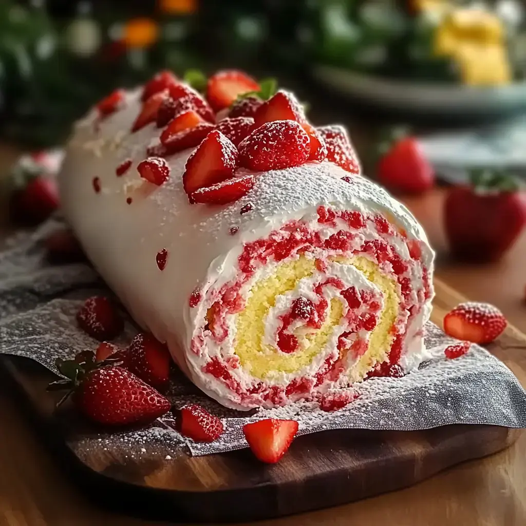 A beautifully decorated strawberry roll cake topped with fresh strawberries and dusted with powdered sugar, positioned on a wooden board.