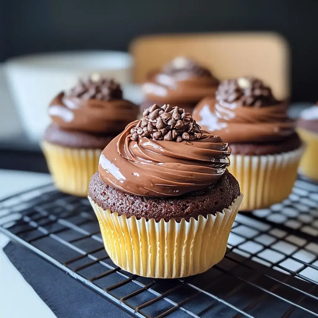 A close-up of chocolate cupcakes with swirled chocolate frosting and chocolate sprinkles, displayed on a cooling rack.