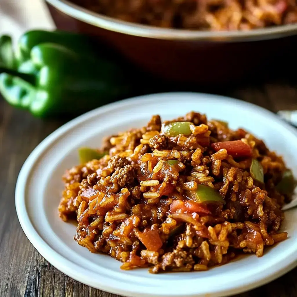 A serving of seasoned beef and rice mixed with green peppers and tomatoes on a white plate, with a pot of the dish and green bell peppers in the background.