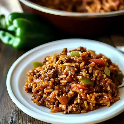 A serving of seasoned beef and rice mixed with green peppers and tomatoes on a white plate, with a pot of the dish and green bell peppers in the background.