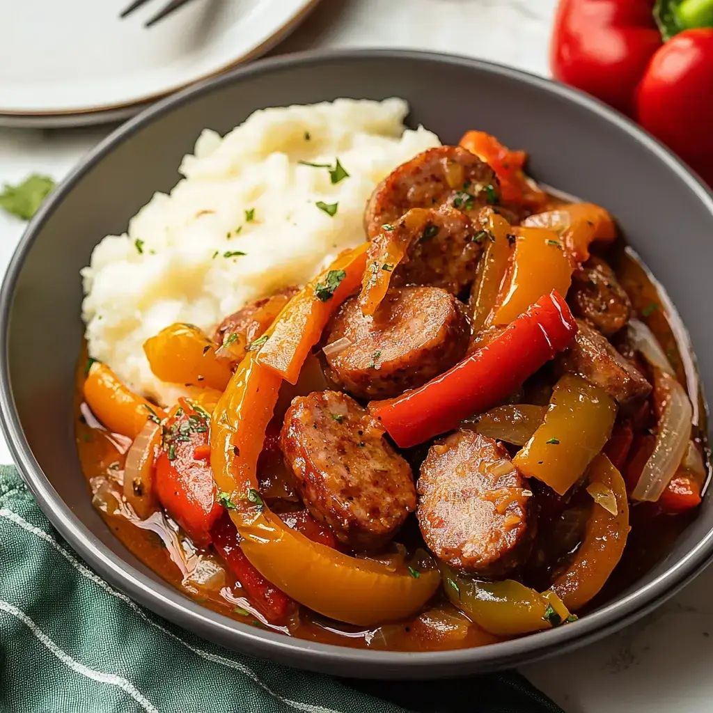 A bowl of sausage and mixed bell peppers served alongside creamy mashed potatoes, garnished with fresh herbs.