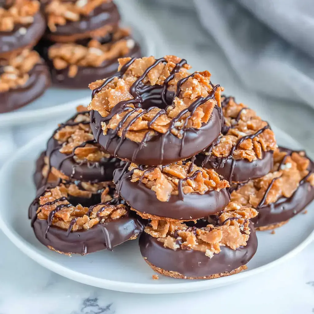 A close-up of stacked chocolate-coated donuts topped with crunchy caramel pieces and drizzled with chocolate sauce.