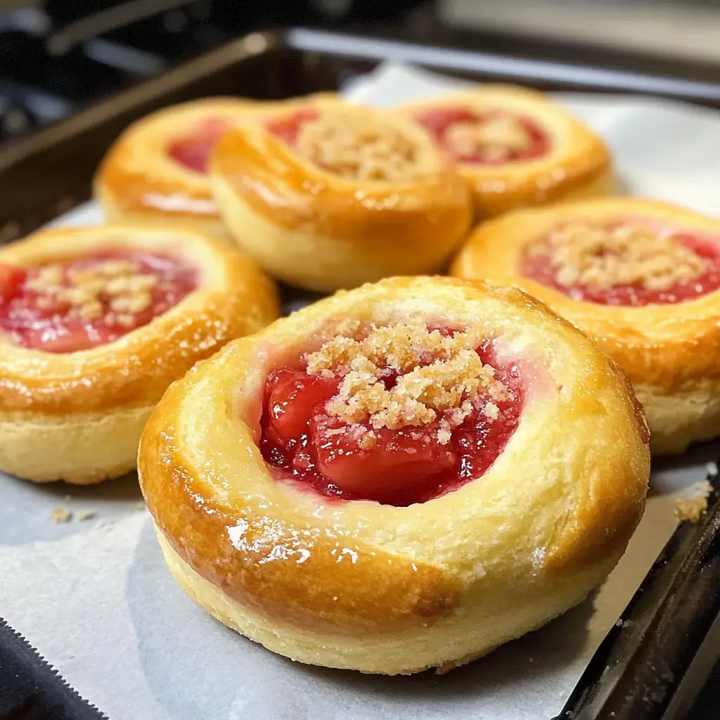 A close-up image of freshly baked sweet rolls topped with cherry filling and crumbly streusel on a baking tray.