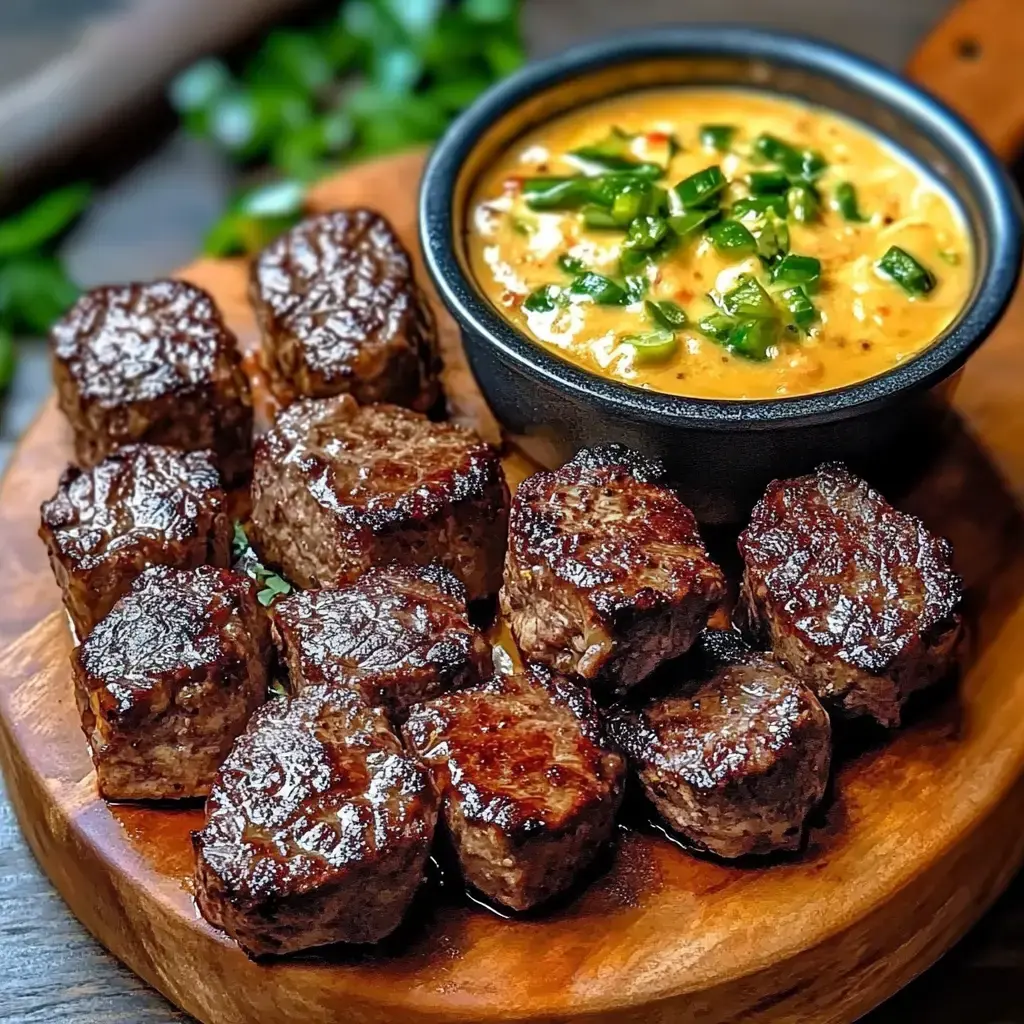 A wooden platter holds several pieces of grilled meat alongside a small bowl of creamy sauce topped with green onions.