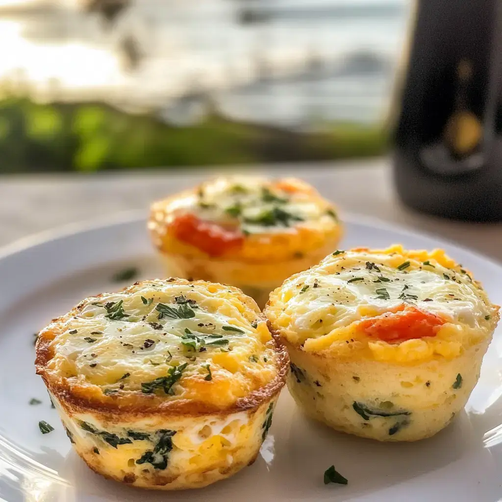 A close-up of two egg muffins with spinach and tomatoes, garnished with herbs, served on a white plate with a blurred scenic background.