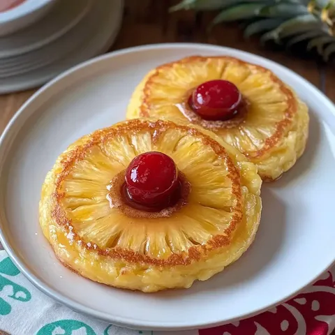 A plate featuring two caramelized pineapple rings topped with maraschino cherries.