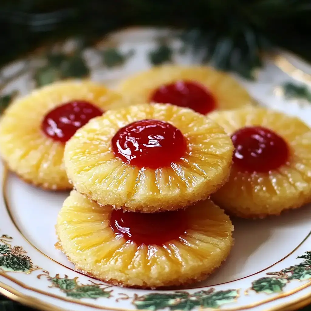 A plate of pineapple upside-down cake slices topped with cherry preserves.