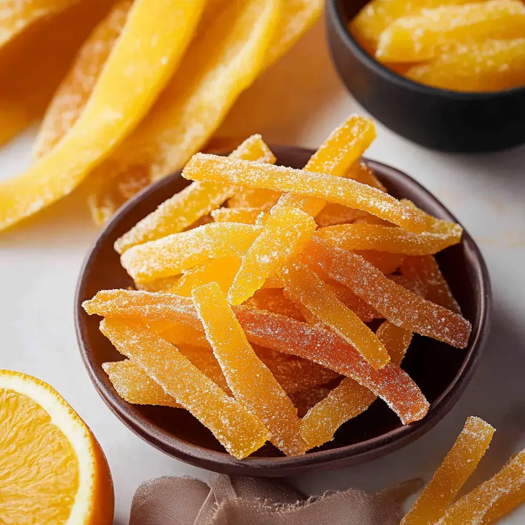 A close-up of a bowl filled with brightly colored, sugared orange strips of candied fruit, with additional strips and a half orange on the side.