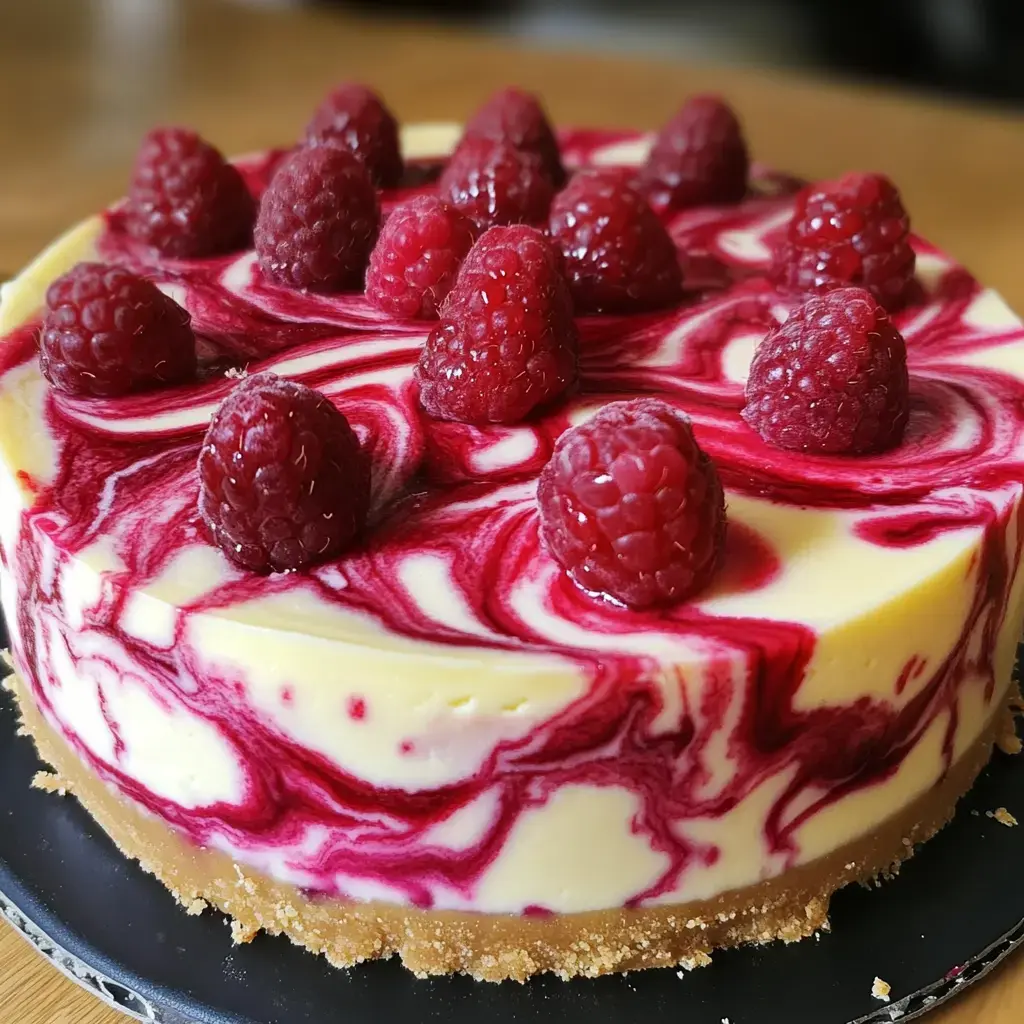 A creamy cheesecake topped with fresh raspberries and a vibrant raspberry swirl design.