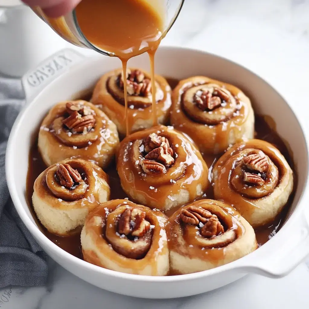 A dish of freshly baked cinnamon rolls topped with caramel sauce and pecans, with caramel being poured over them.