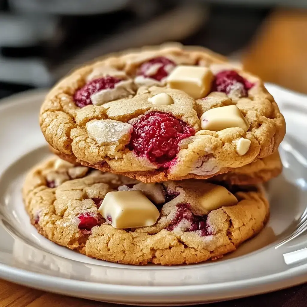 A close-up of two stacked cookies featuring white chocolate chunks and raspberry pieces, placed on a white plate.