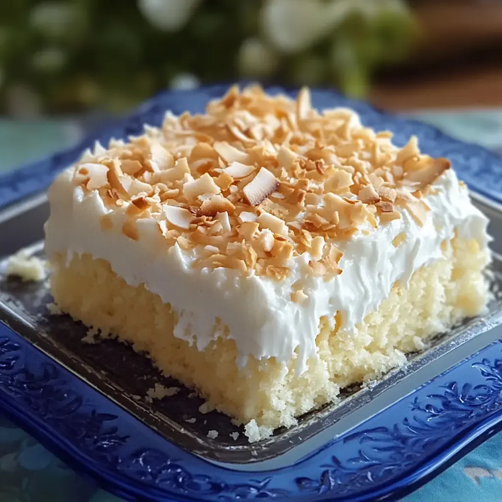 A slice of coconut cake topped with a layer of whipped cream and toasted coconut flakes, served on a decorative blue plate.