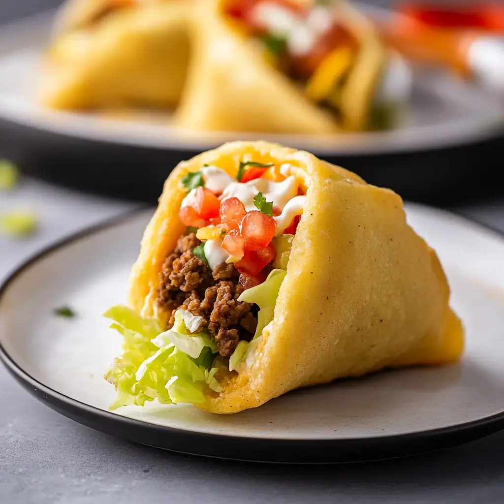 A close-up of a taco filled with ground meat, lettuce, diced tomatoes, and sauces on a plate.