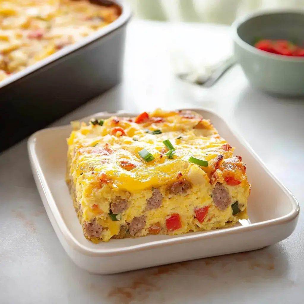 A slice of baked egg casserole topped with cheese and garnished with green onions, served on a plate next to a baking dish.